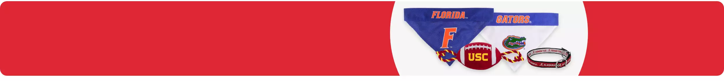 Red banner: "Gear up for game day! Shop licensed jerseys, collars, toys & more" with college sports pet gear
