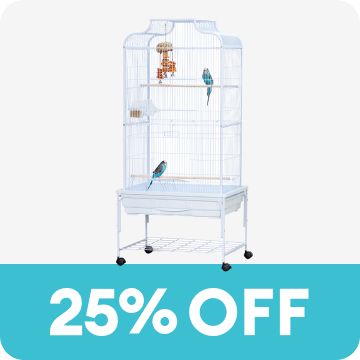 25% off callout with birds in a bird cage