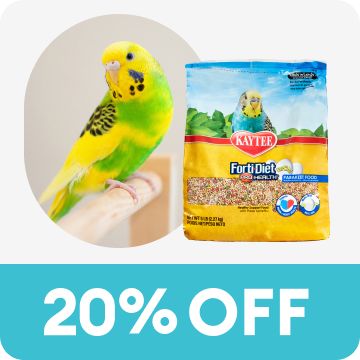 20% Off callout with parakeet & Kaytee bird food