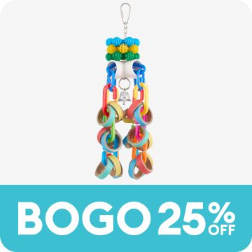 BOGO 25% off callout with All Living Things Cascade bird toy