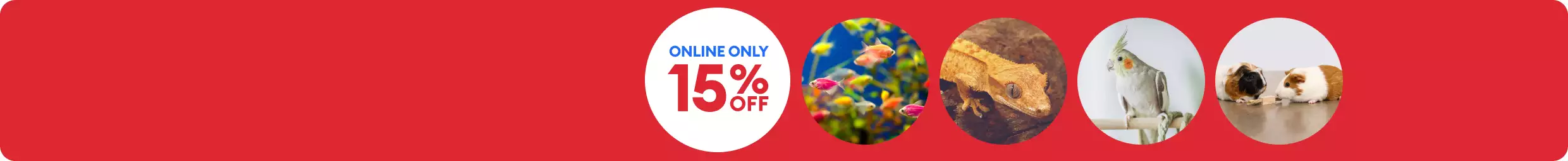 Online only 15% off callout with picture of a fish, reptile, bird and guinea pigs