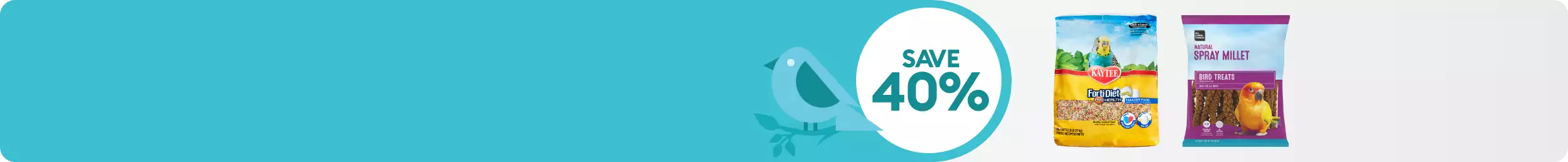 Save 40% callout with bird graphic and 2 bird food bags