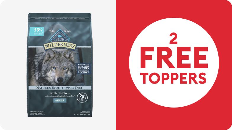 Bag of Blue Buffalo Wilderness dog food & 2 FREE toppers callout