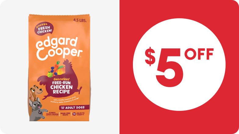 Bag of Edgard & Cooper Free-Run Chicken Recipe dog food & $5 OFF callout