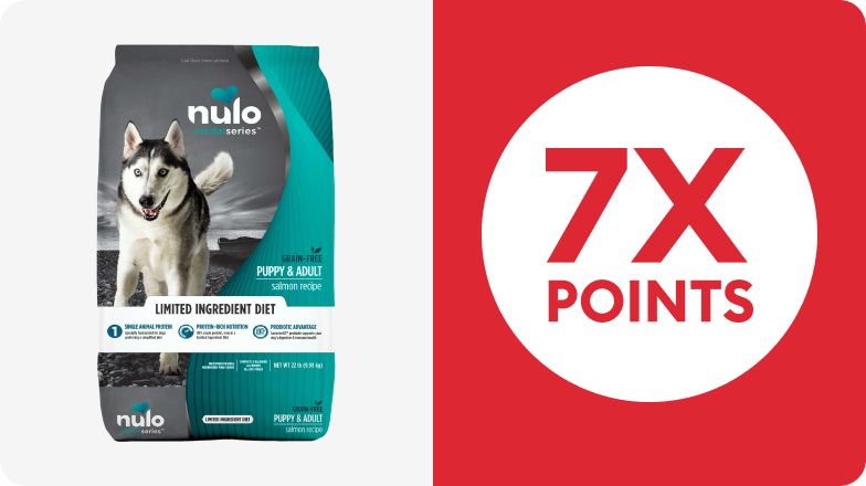 Bag of Nulo Limited Ingredient dog food and 7X points callout