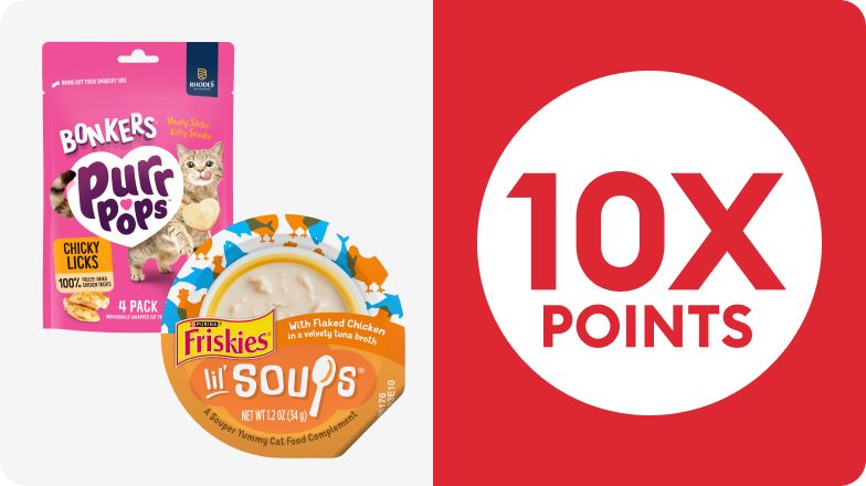 Bag of Bonkers treats, Friskies Soups & 10X POINTS