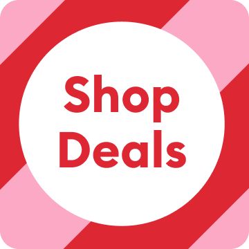 Shop Deals message on a red & pink striped background