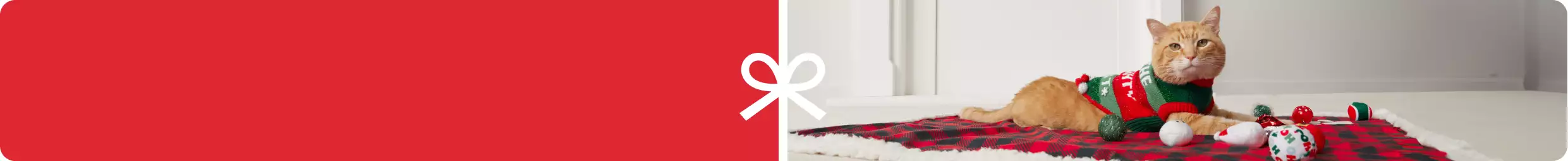 A cat in a Christmas outfit laying on a blanket & a white bow icon