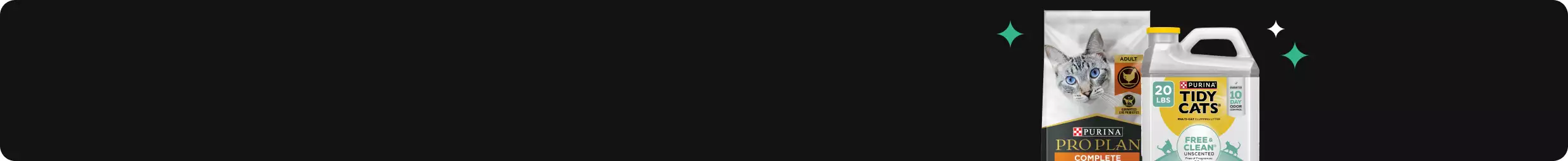 Bag of Purina Pro Plan cat food and a jug of Tidy Cats litter