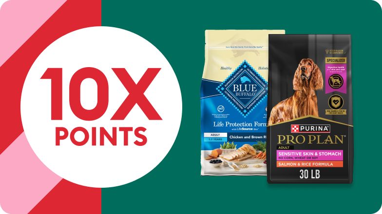 10X POINTS with Blue Buffalo & Purina Pro dog food bags