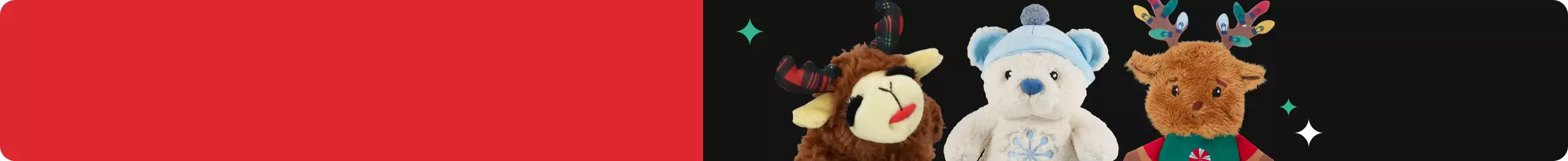 Three plush dog toys and green & white sparkles