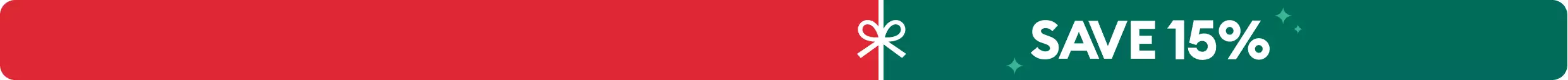 Green holiday banner with white bow icon & save 15% callout