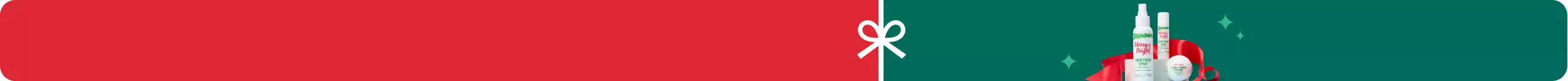 Green holiday banner with white bow icon & Merry & Bright grooming products