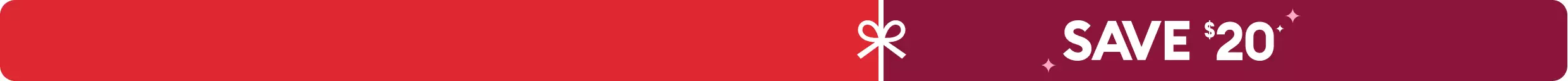 Red holiday banner with white bow icon & save $20 callout