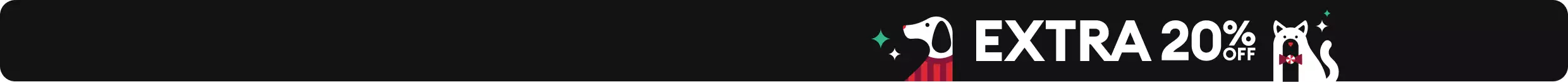 Dog & cat illustrations with white & green sparkles and extra 20% off callout