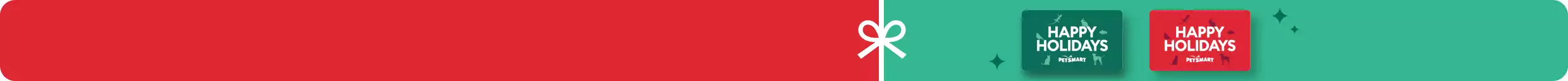 Two Happy Holidays PetSmart gift cards in green and red