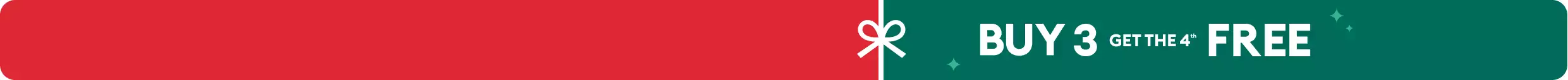 Green holiday banner with white bow icon & buy 3, get the 4th FREE callout