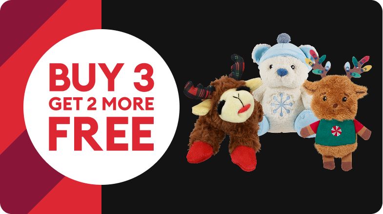 Buy 3, get 2 more free callout and three plush dog toys