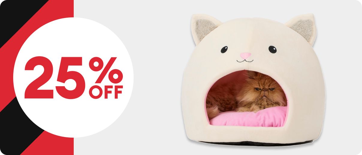 25% off text in a white circle, black & red striped background and a cat hut bed