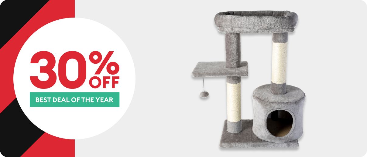 30% off best deal of the year text in a white circle, black & red striped background and a cat tower