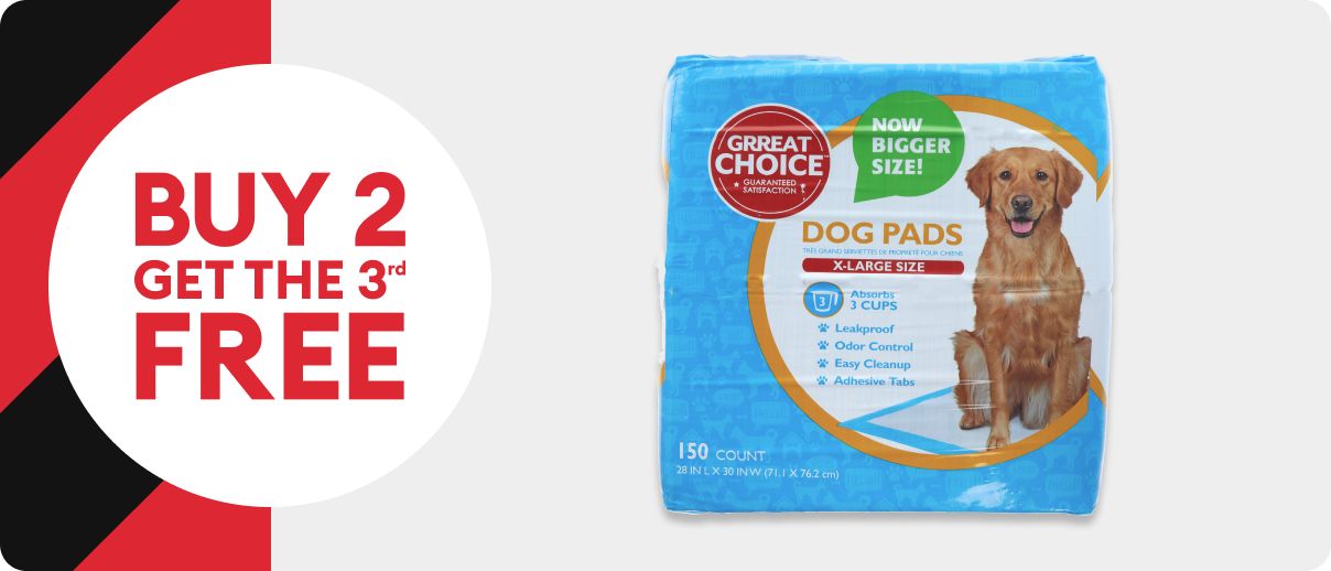 Buy 2, get the 3rd free text in a white circle, black & red striped background and disposable dog pads