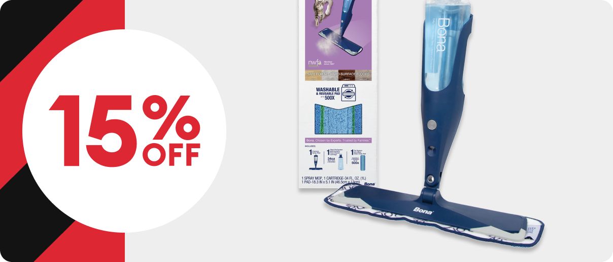 15% off text in a white circle, black & red striped background and Bona cleaning products