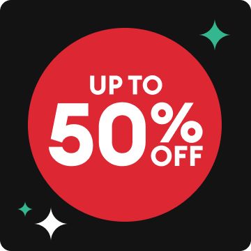 Up to 50% off text in a red circle and green & white sparkle graphics