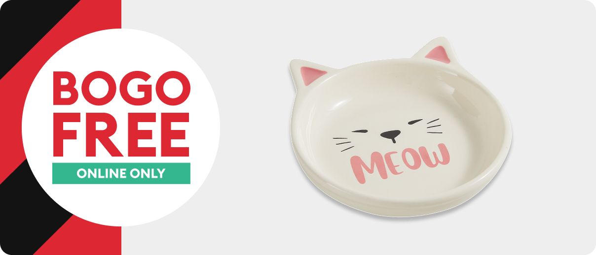 BOGO FREE online only text in a white circle, black & red striped background and a cat bowl