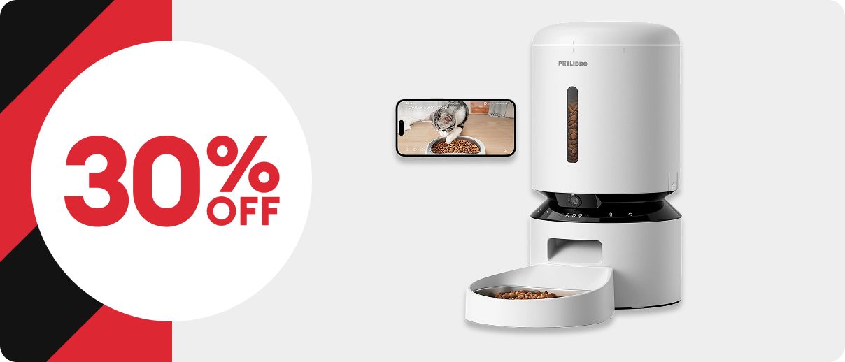 30% off text in a white circle, black & red striped background and a Petlibro Granary Smart Camera Feeder