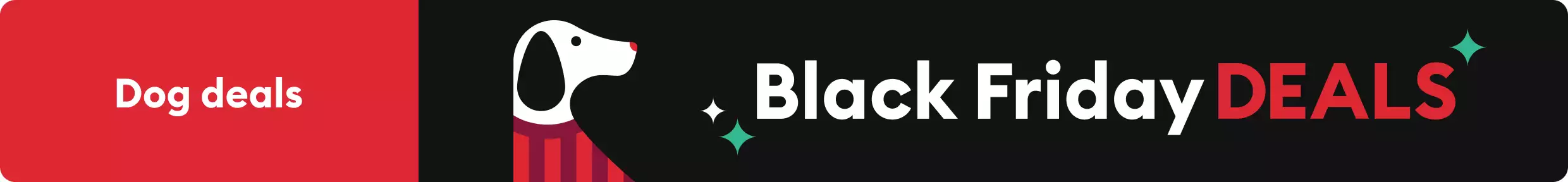 Black Friday Deals logo, green & white sparkle graphics and a festive dog illustration