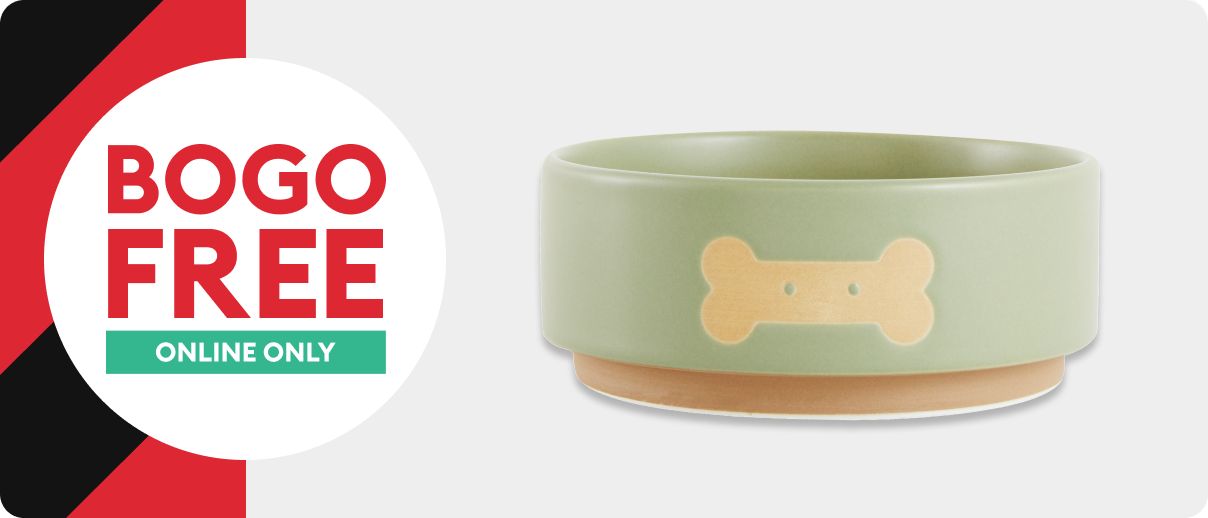 BOGO FREE online only text in a white circle, black & red striped background and a dog bowl