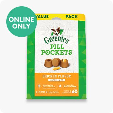 Greenies Pill Pockets and online only text in a green circle