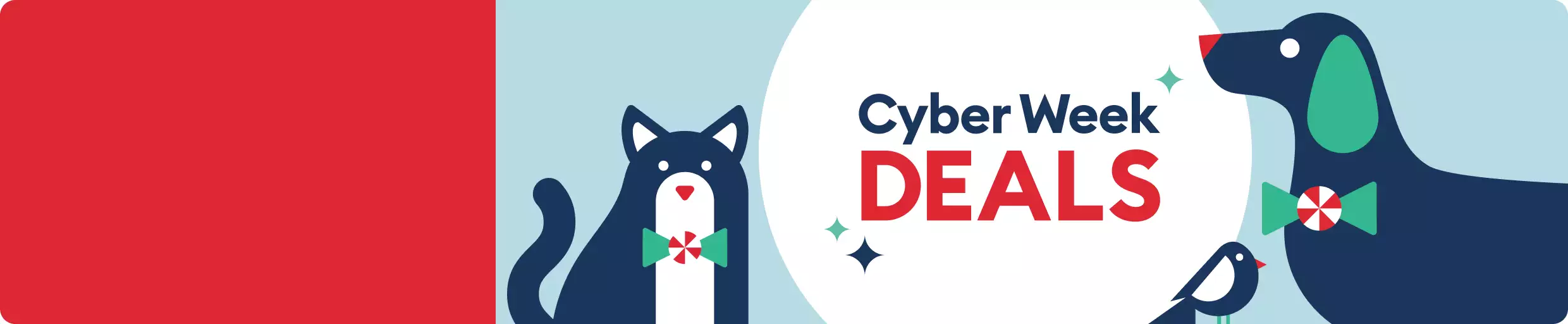Illustration of a cat, bird & dog wearing festive bow ties and Cyber Week Deals text on a blue background