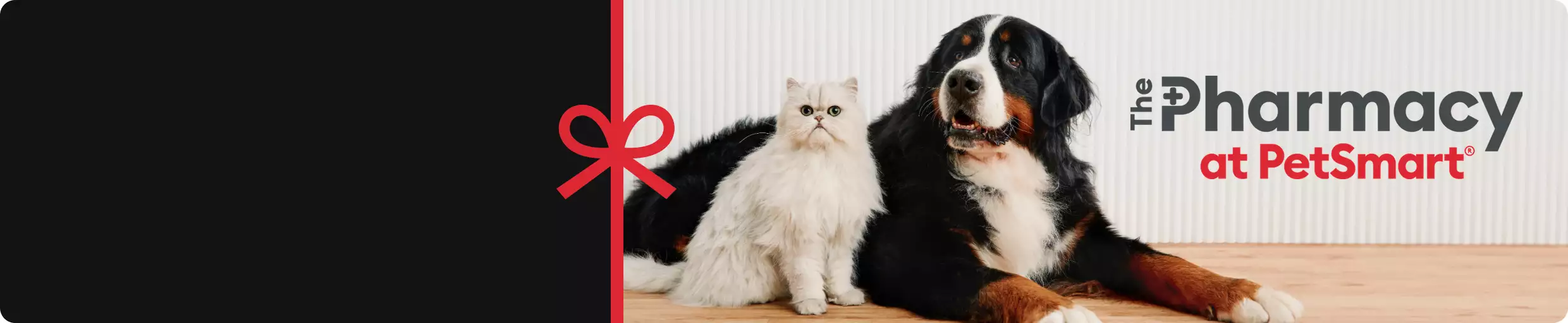Red bow illustration, The Pharmacy at PetSmart logo and a cat sitting next to a dog