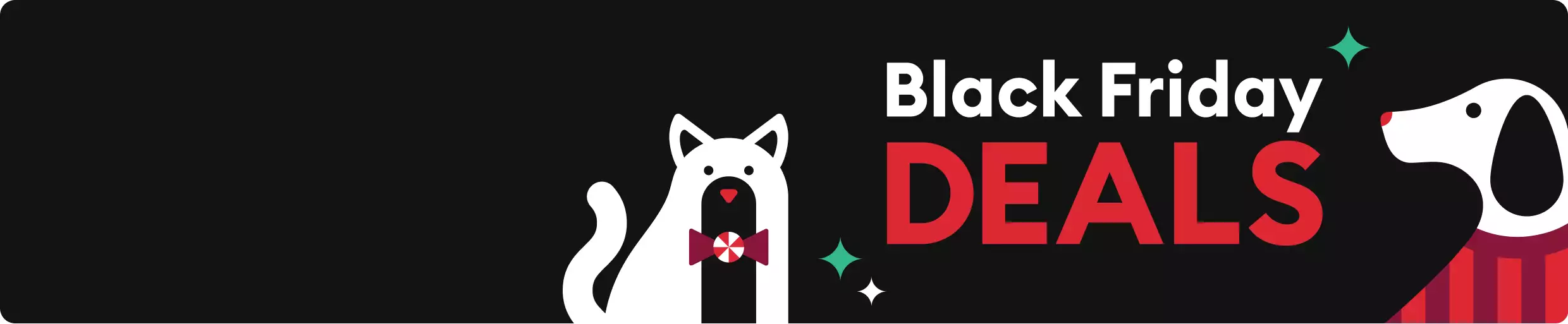 Black Friday Deals text, festive dog & cat illustrations and green & white sparkle graphics