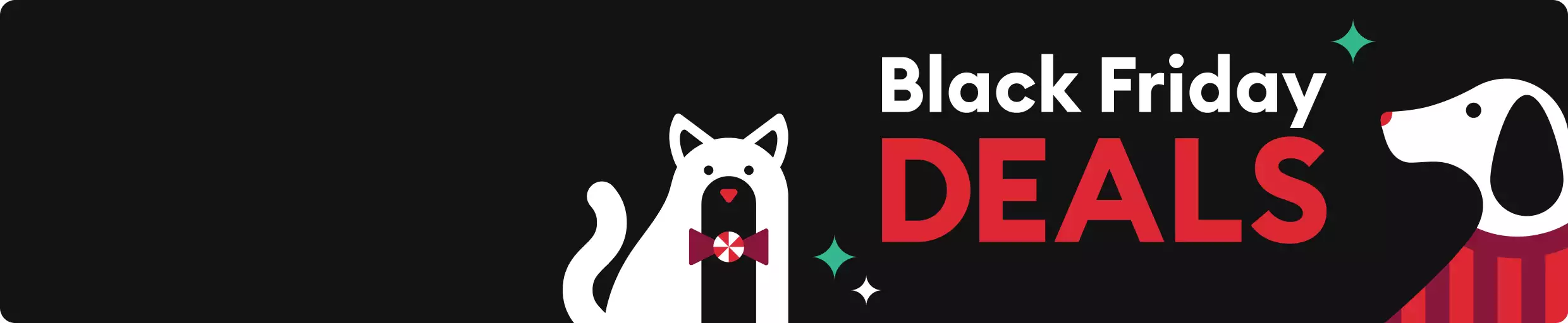 Black Friday Deals text, festive dog & cat illustrations and green & white sparkle graphics