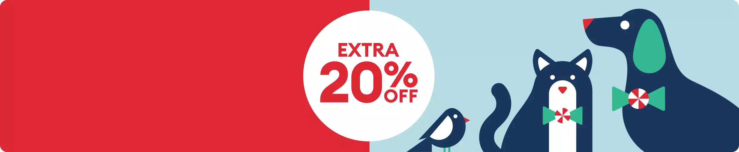 Extra 20% off text and festive dog & cat illustrations