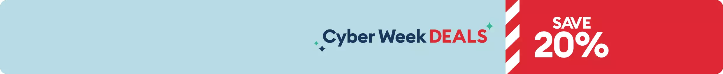 Cyber Week Deals and Save 20% callouts on a blue and red background