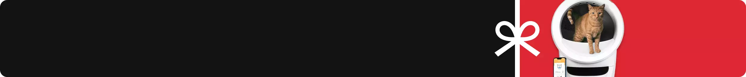 White bow illustration and a cat in a Litter-Robot on a red background