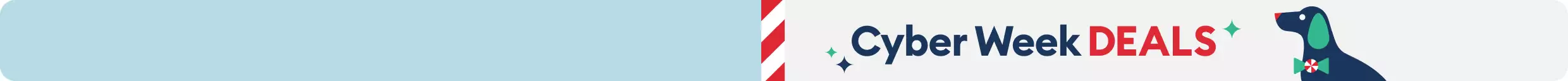 Cyber Week Deals text with red & white stripes and a festive dog illustration