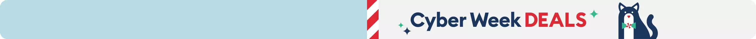 Cyber Week Deals text with red & white stripes and a festive cat illustration