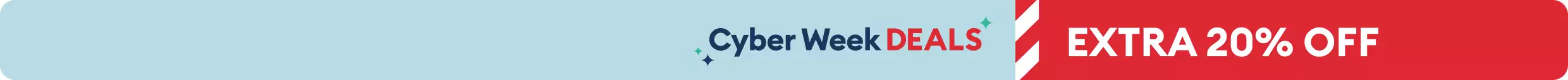 Cyber Week Deals text on a light blue background and extra 20% off text on a red background