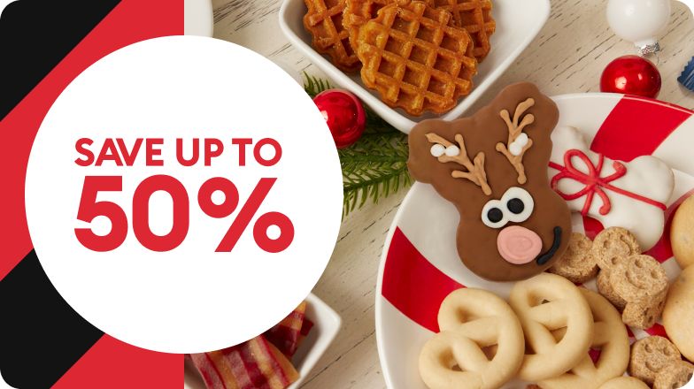 Save up to 50% text in a white circle, black & red striped background and an assortment of dog treats