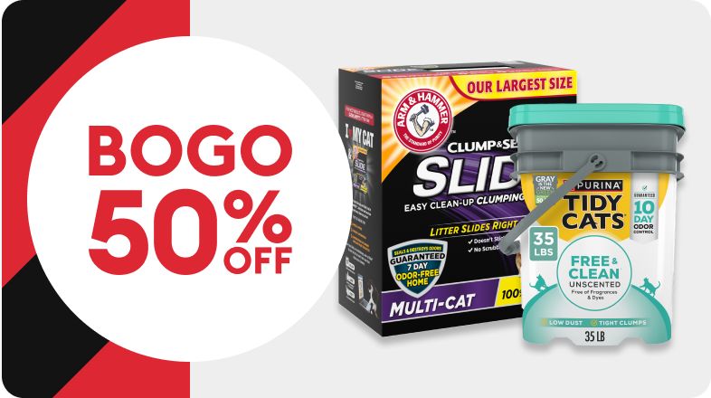 BOGO 50% OFF text in a white circle, black & red striped background and two containers of cat litter