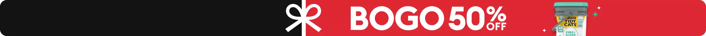 White bow illustration, BOGO 50% OFF text on a red background and a pail of cat litter