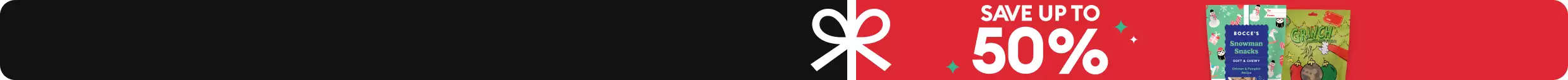 White bow illustration, save up to 50% text and two packages of treats on a red background