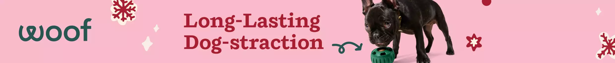 Dog playing with Woof treat dispensing toy, Woof logo, and text that says long-lasting dog-straction