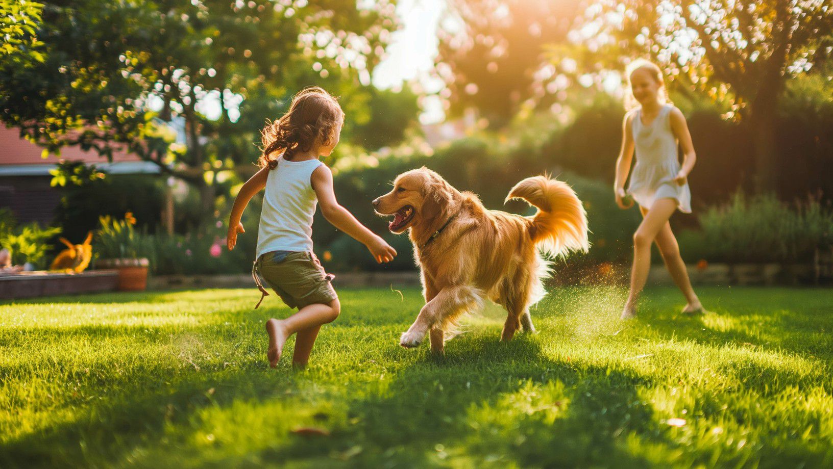 Children playing with a golden retriever dog in a sunny backyard