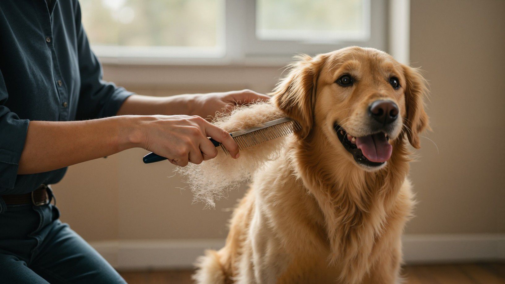 Golden retriever getting brushed indoors