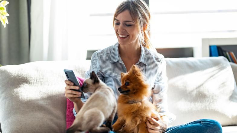 Pet owner sitting with a cat and dog at home